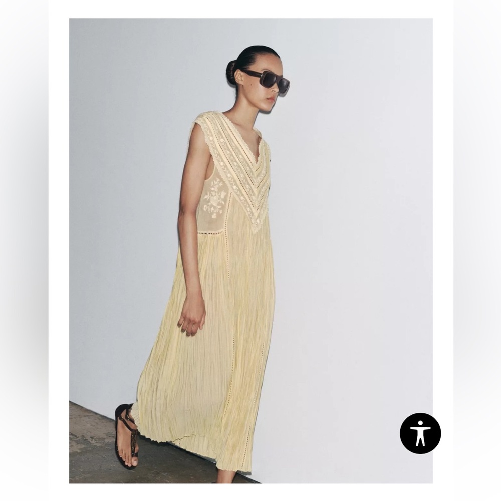 Zara ZW Collection Butter Yellow Pleated Embroidered Dress